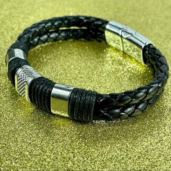 Black Braid Leather Titanium Bracelet Unisex - Picture 3 of 12
